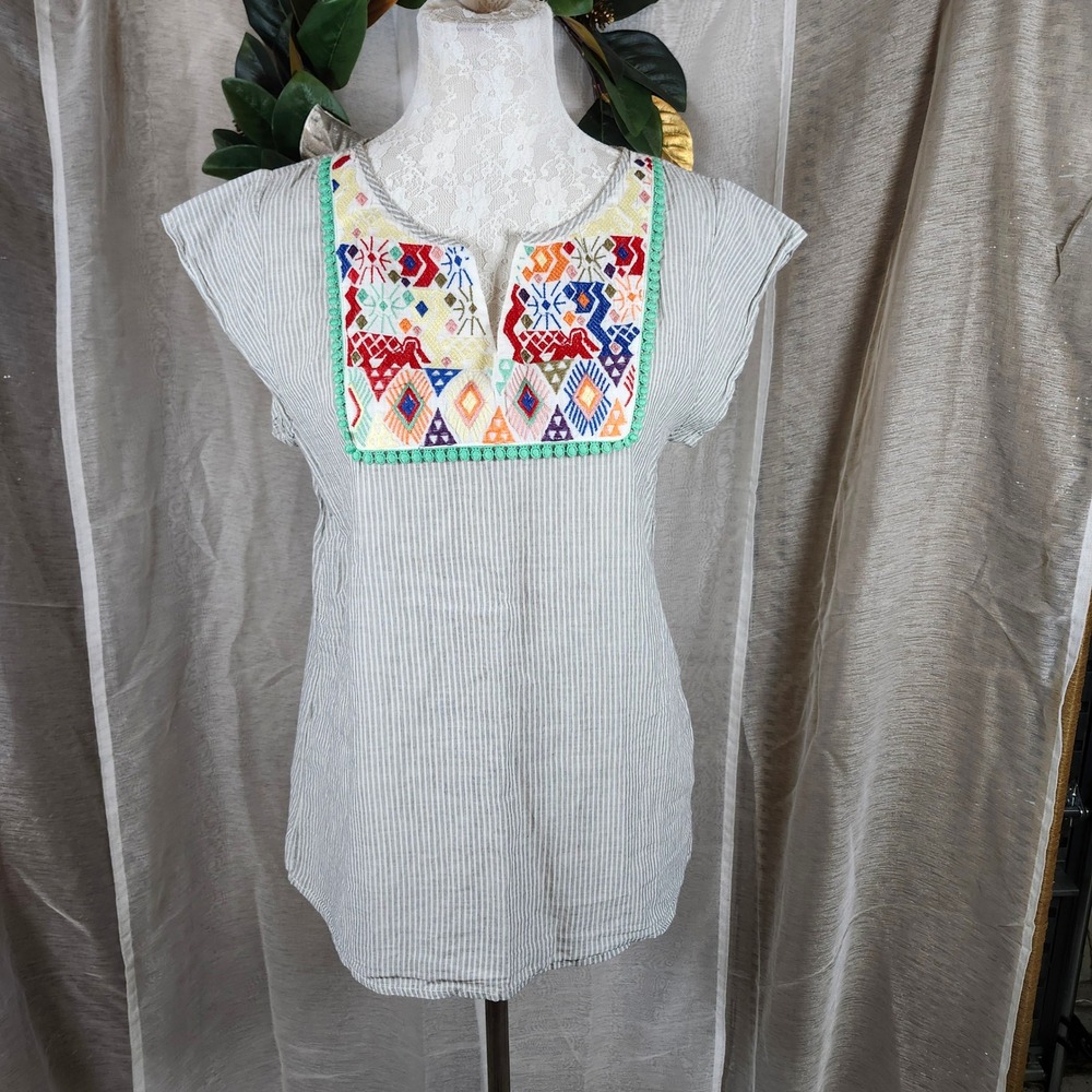 THML Anthropologie Striped Cotton Top L Embroidered‎ Boho Tunic Festival